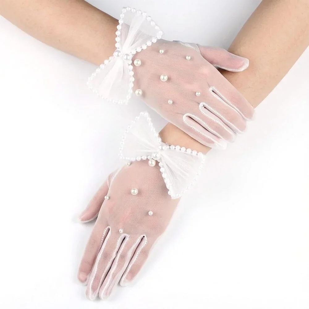 Women's Tulle Mesh Short Pearl Bow White Gloves Wedding Party Tea Accessories